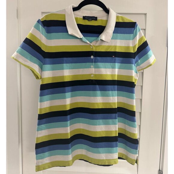 Tommy Hilfiger Women's Striped Polo Shirt (Mint/Teal/White, Size XL) - Picture 1 of 2